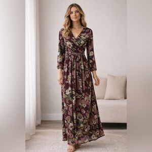 PinkBlush Burgundy Floral Wrap Maxi Dress Medium Long Sleeve Bump Friendly